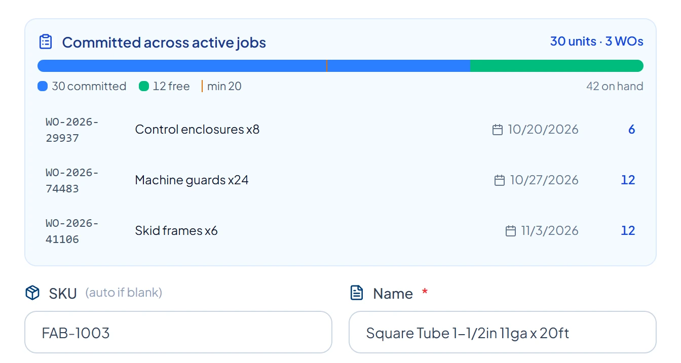 Item detail for Square Tube 1-1/2in 11ga x 20ft: 30 committed across three active jobs, 12 free, 42 on hand, listed by work order and due date (demo data)