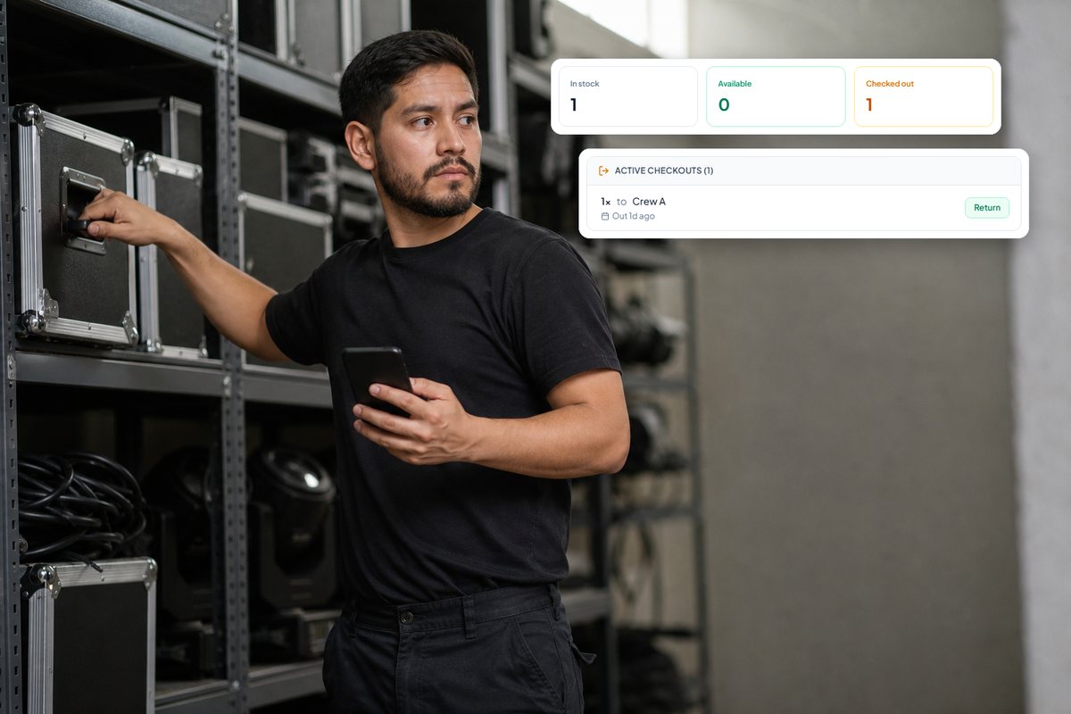 A technician in an AV gear room holding a phone, beside real InventoryQuick check-out cards showing 1 in stock, 0 available and 1 checked out to Crew A, with demo data (AI-generated scene).