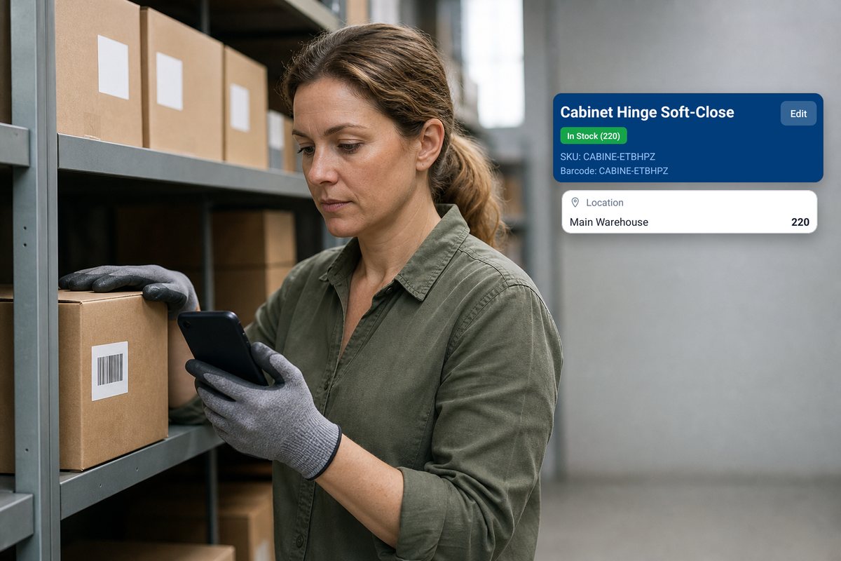 A worker in gloves scanning a box on a stockroom shelf with a phone, beside a real InventoryQuick item screen for Cabinet Hinge Soft-Close showing its location, Main Warehouse, with demo data (AI-generated scene).