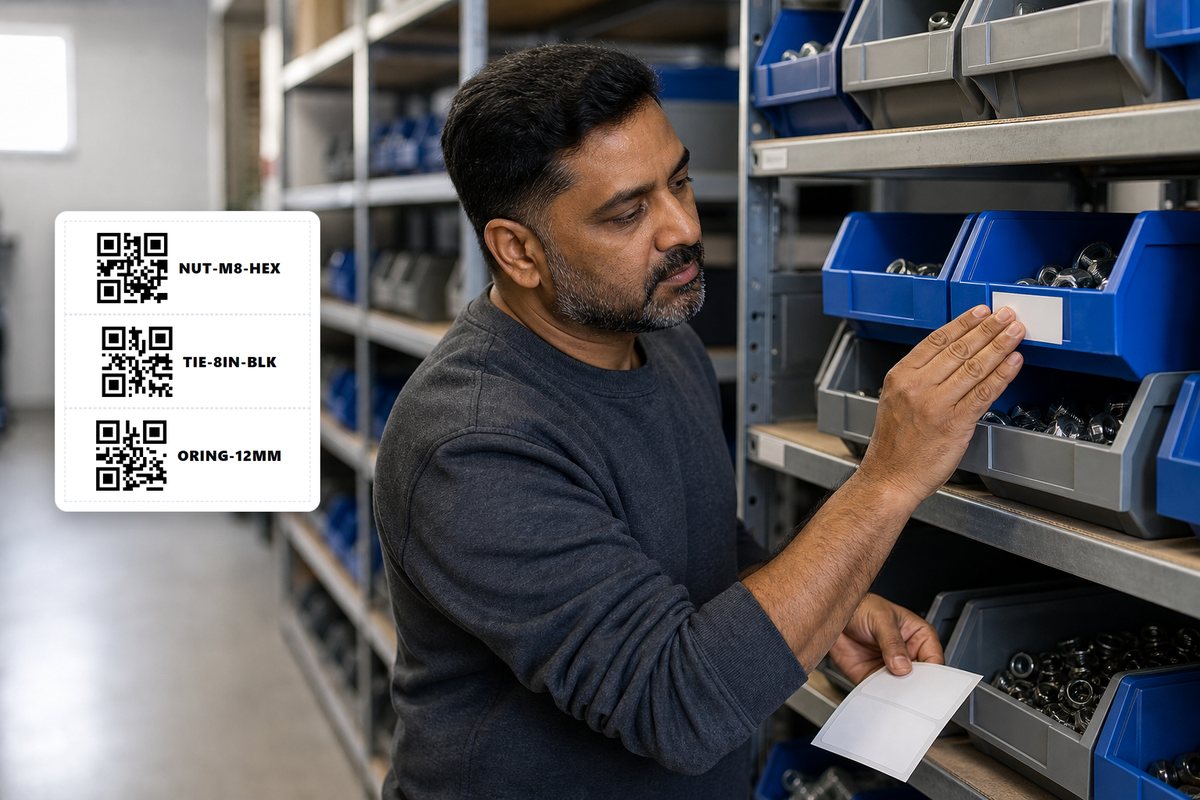 A man fixing a label to a parts bin, beside sample QR bin labels from the InventoryQuick bin label generator (AI-generated scene).