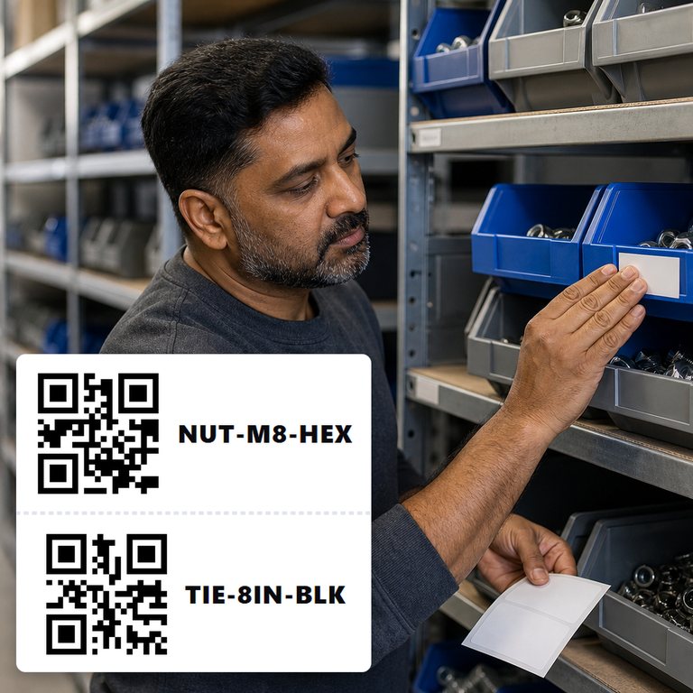 A man fixing a label to a parts bin, beside sample QR bin labels from the InventoryQuick bin label generator (AI-generated scene).