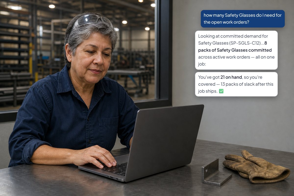 A woman in a fabrication shop office at a laptop, beside a real IQ Assistant exchange: asked how many safety glasses the open work orders need, it finds 8 packs committed on one job and 21 on hand, 13 packs of slack, with demo data (AI-generated scene).