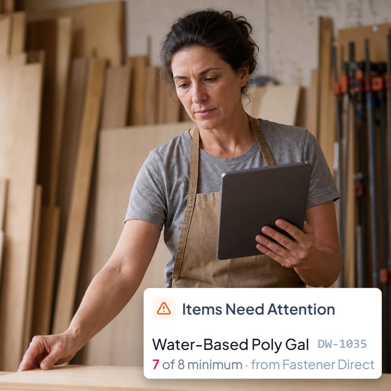 A woman in a millwork shop checking a tablet, beside a real InventoryQuick "Items Need Attention" panel with demo data (AI-generated scene).