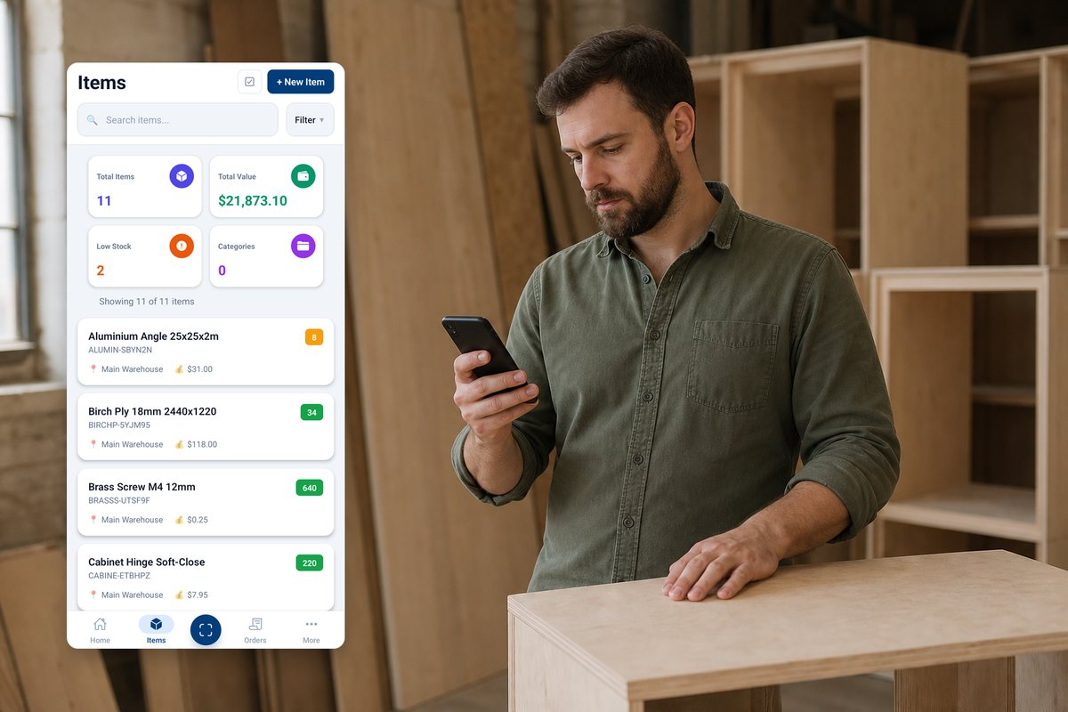 A man in a cabinet shop checking his phone, beside a real InventoryQuick mobile app Items screen with demo data (AI-generated scene).