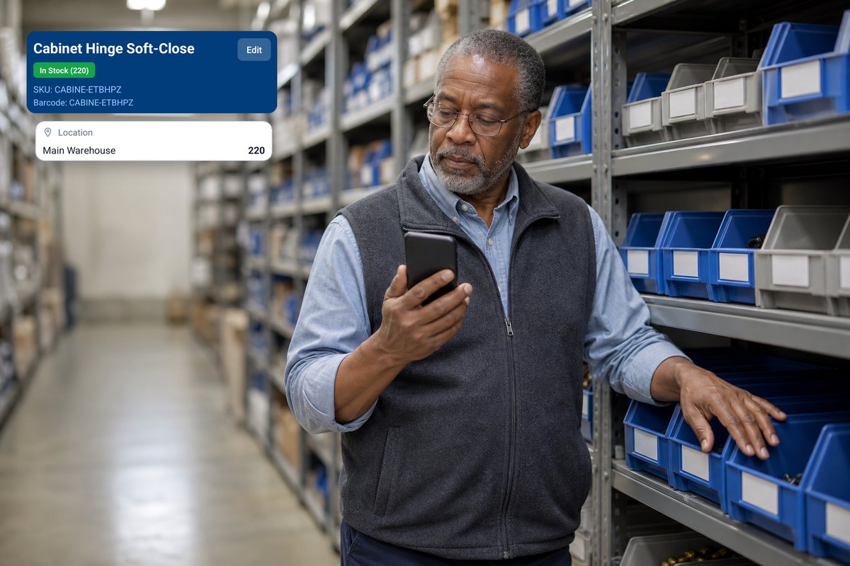 A man in a warehouse bin aisle checking his phone, beside a real InventoryQuick item screen showing Cabinet Hinge Soft-Close in its location, Main Warehouse, with demo data (AI-generated scene).
