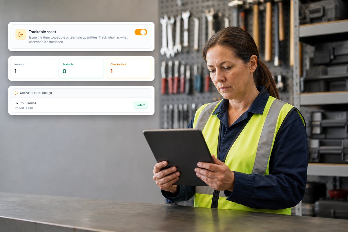 A tool crib attendant in a safety vest checking a tablet, beside real InventoryQuick check-out cards showing 1 in stock, 0 available and 1 checked out to Crew A, with demo data (AI-generated scene).