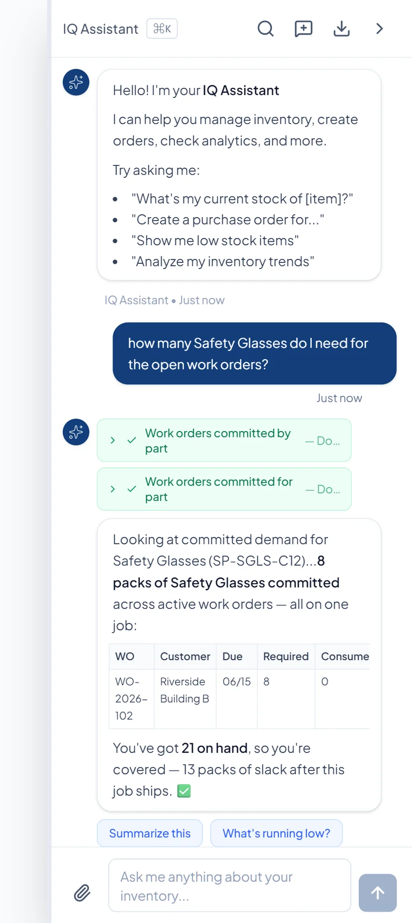 IQ Assistant answering how many parts are needed across the open work orders, using committed demand