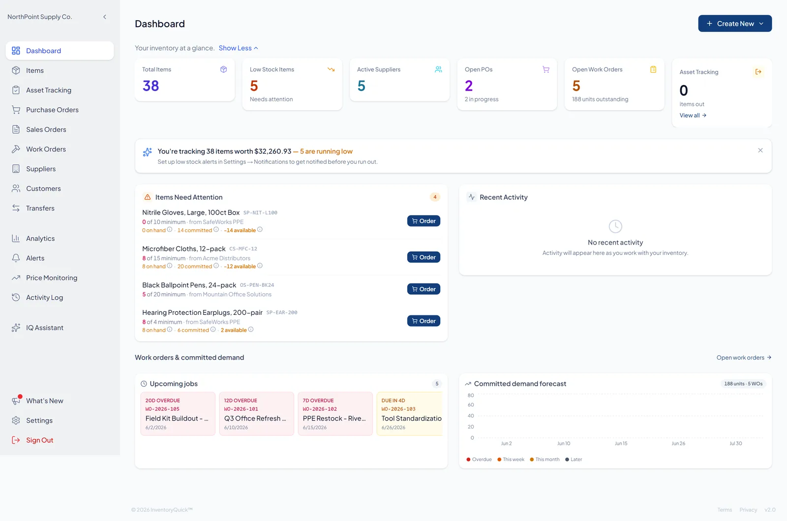 InventoryQuick MRP dashboard showing committed demand and low-stock reorder recommendations