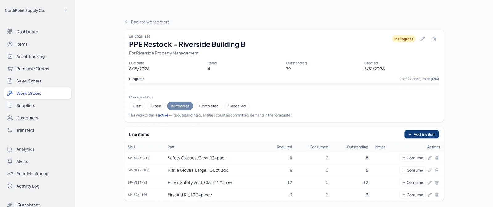 A single work order in InventoryQuick with line items committed from inventory